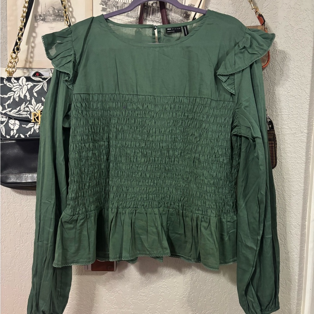 ASOS Green Puff Sleeve Smocked Blouse